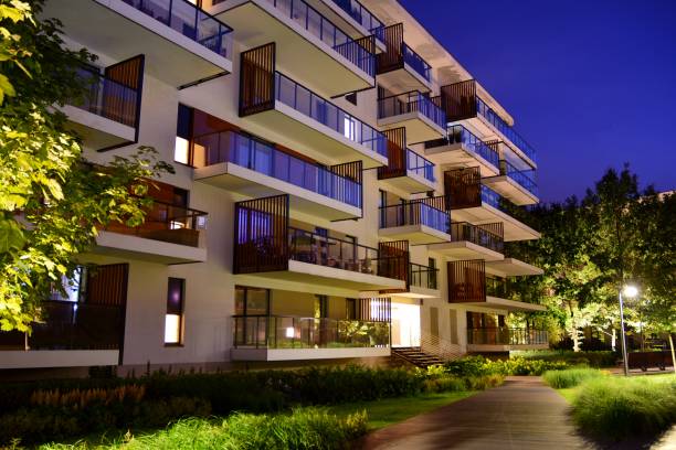 Ornamental shrubs and plants near a residential city house at night